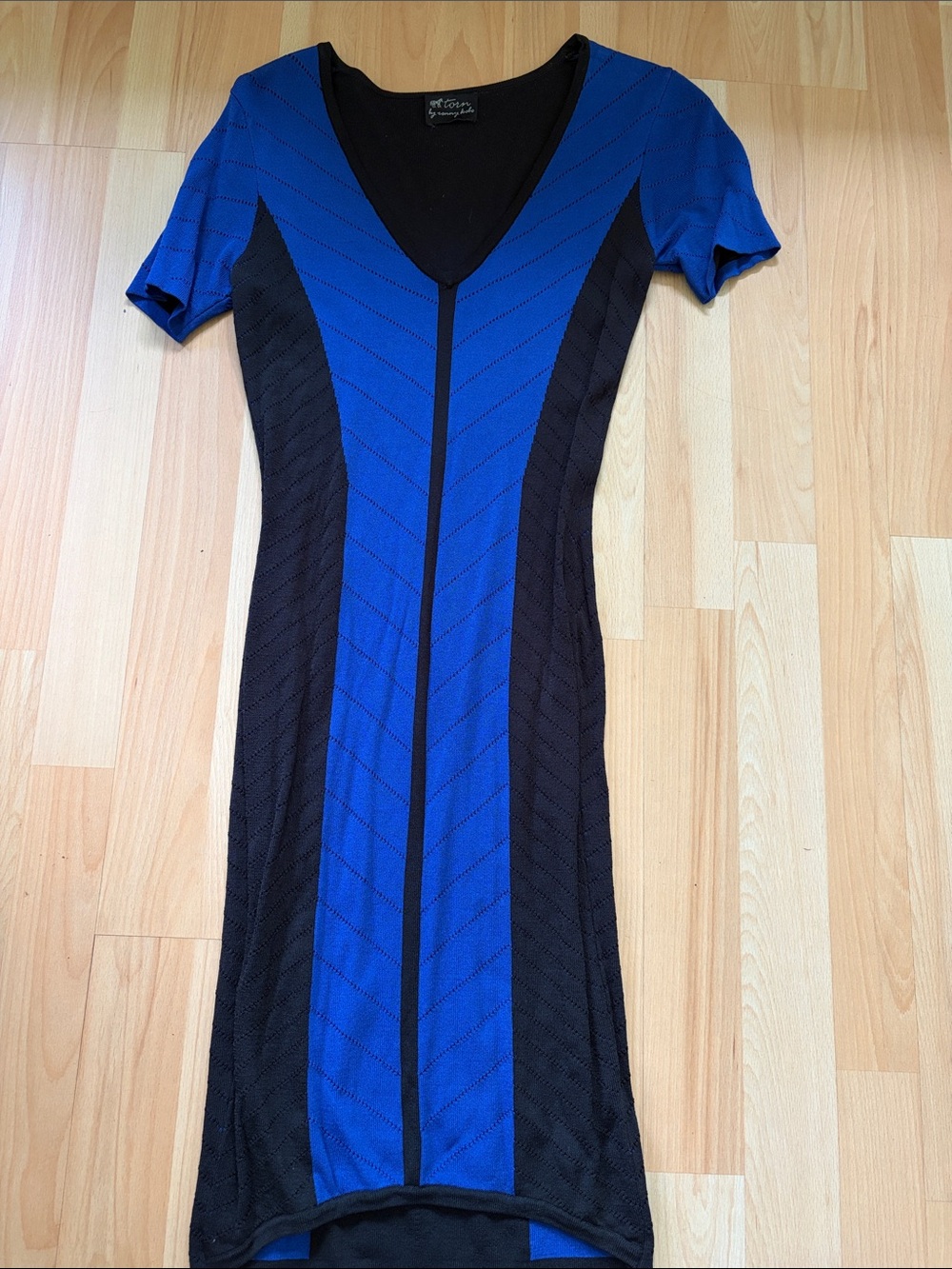 Torn by Ronny Kobo Blue and Black V‑Neck Midi Dress